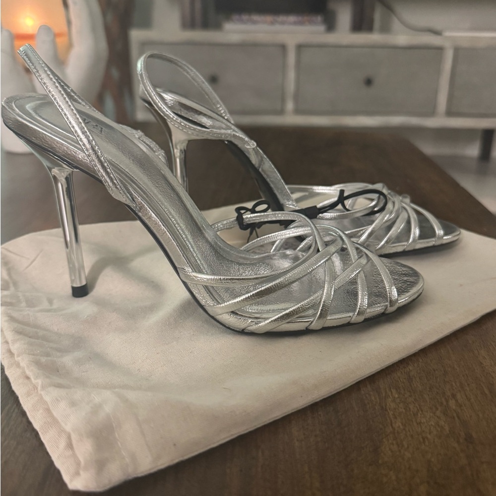 Zara Silver Metallic Strappy Heeled Sandals
